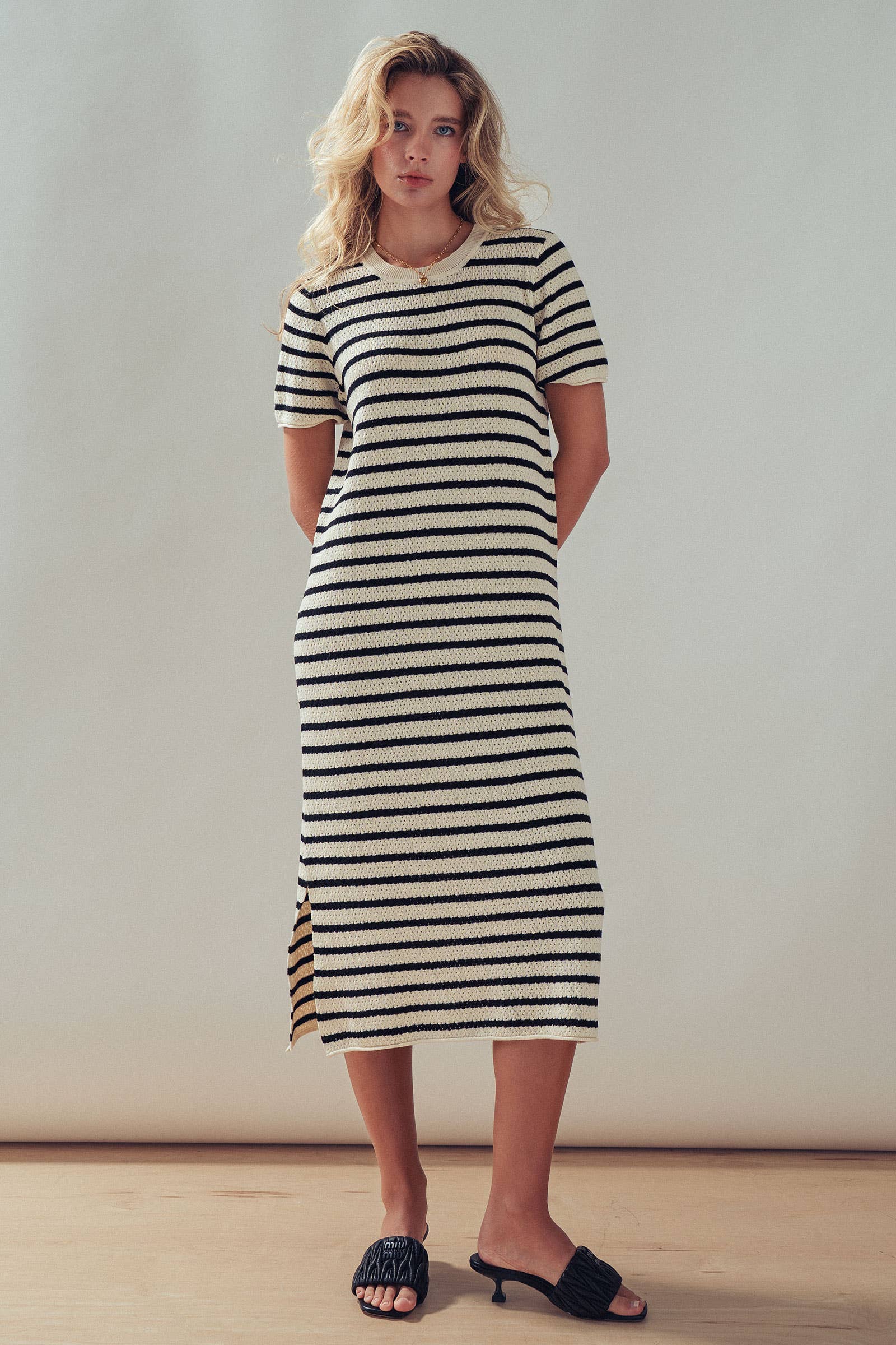 Ivory & Black Striped Crochet Knit Dress