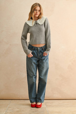 Grey Cable Knit With Crochet Collar