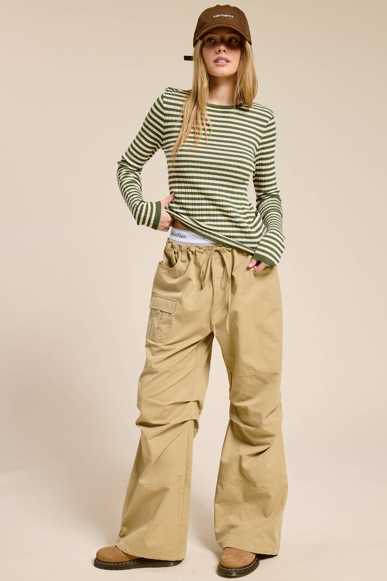 Pine Ribbed Knit Striped Long Sleeve Top