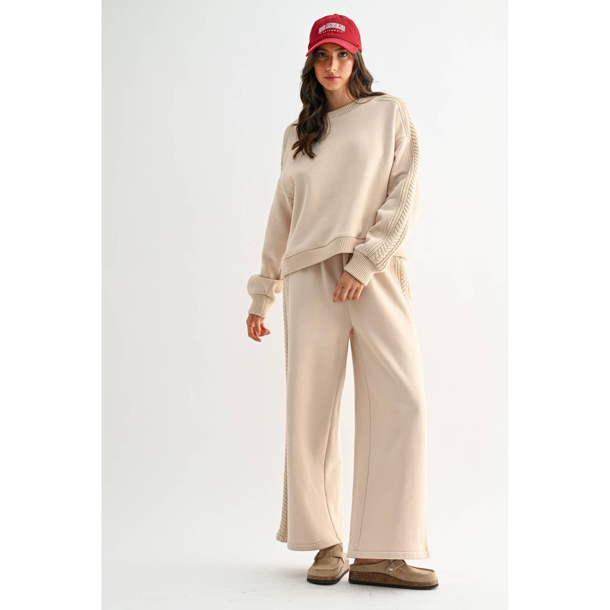 Beige Cable Knit Trim Bottoms