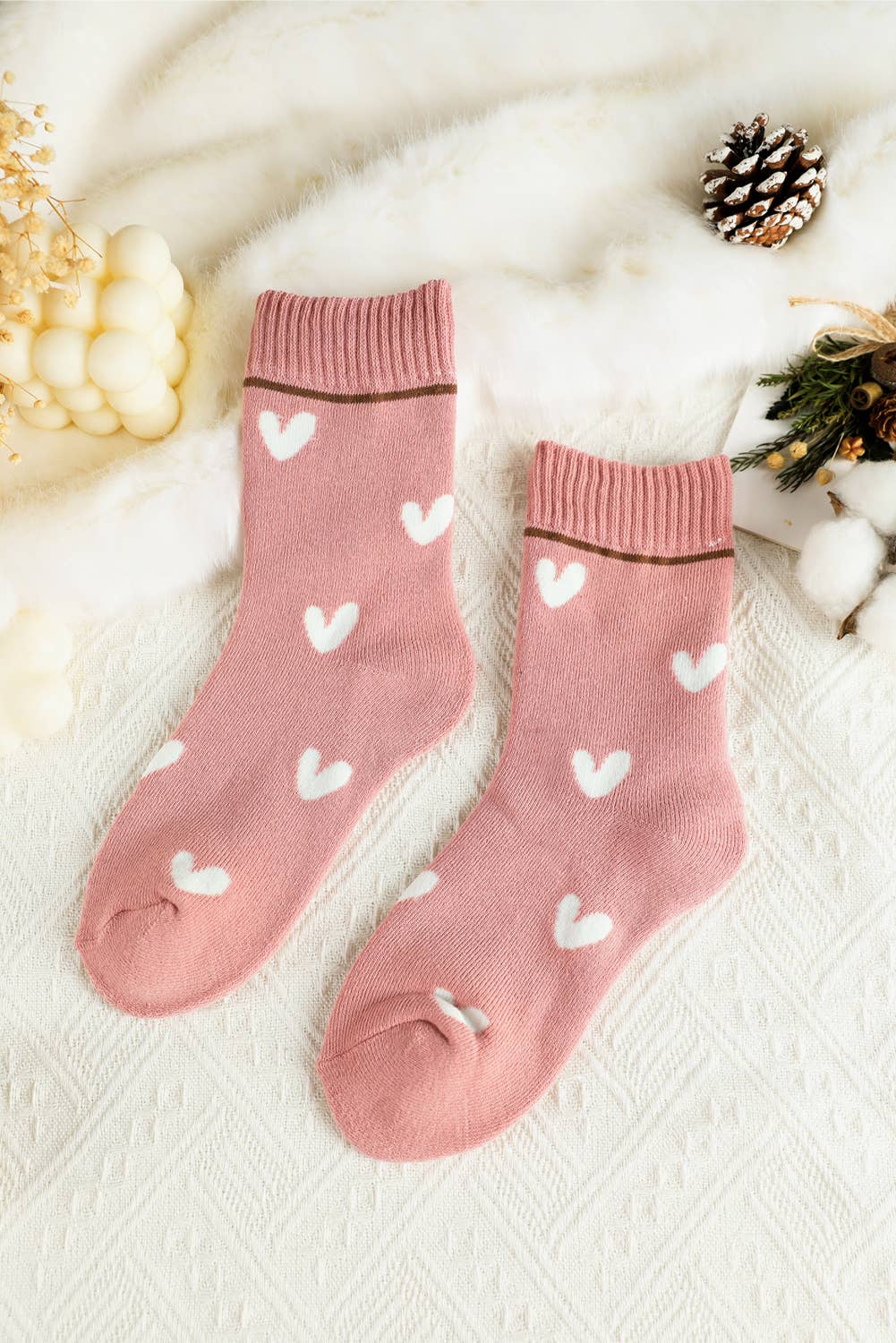 Pink Valentine Contrast Heart Print Ribbed Cuff Crew Socks