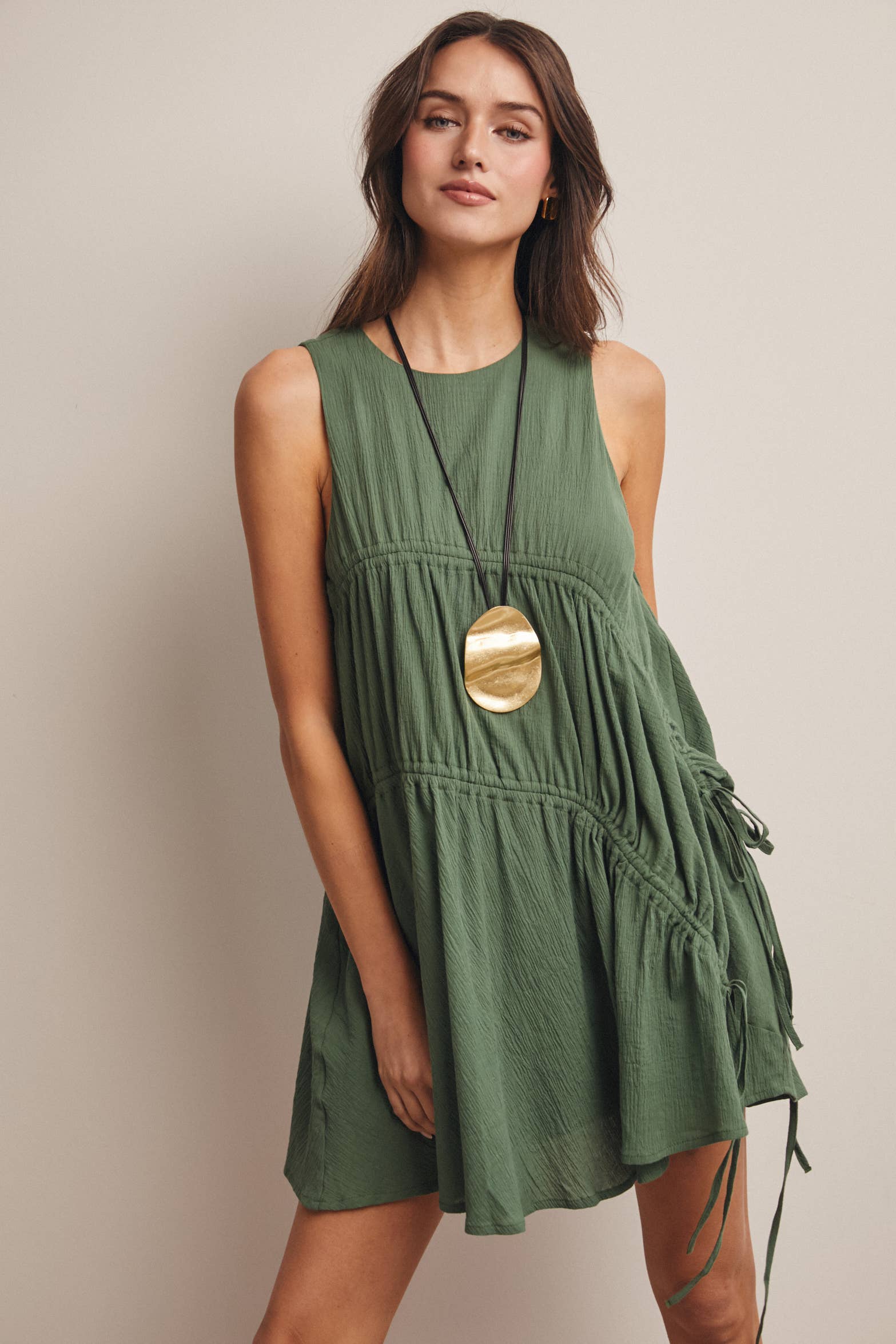 Eucalyptus Ruched Tie Detail Lined Mini Dress