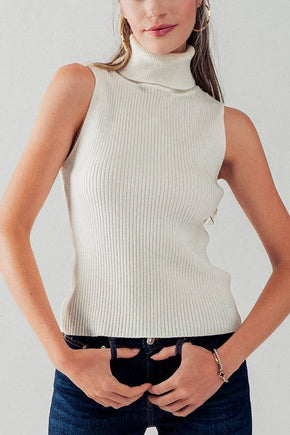 White Rib Knit Turtleneck Tank Top