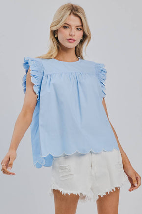Plus Powder Blue Scalloped Flutter Sleeve Blouse