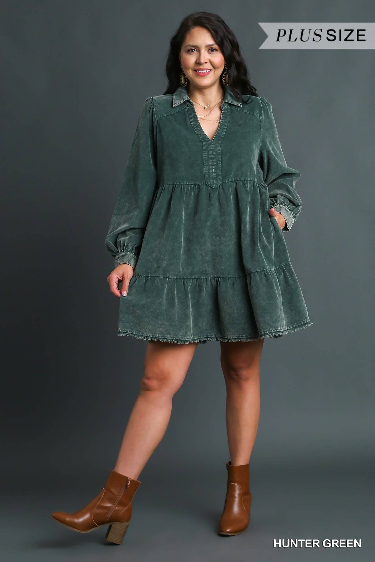 Plus Hunter Green Corduroy Tiered Dress