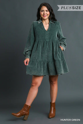 Plus Hunter Green Corduroy Tiered Dress