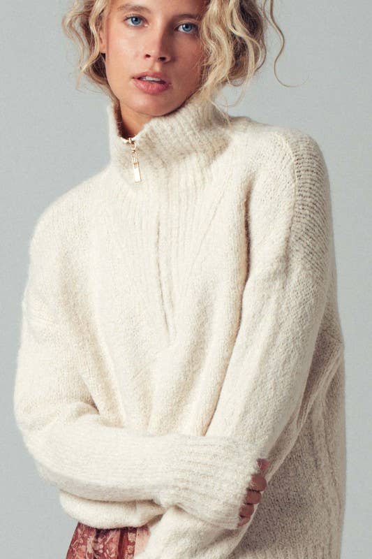 Ivory Textured Quarter-Zip Fold Collar Sweater
