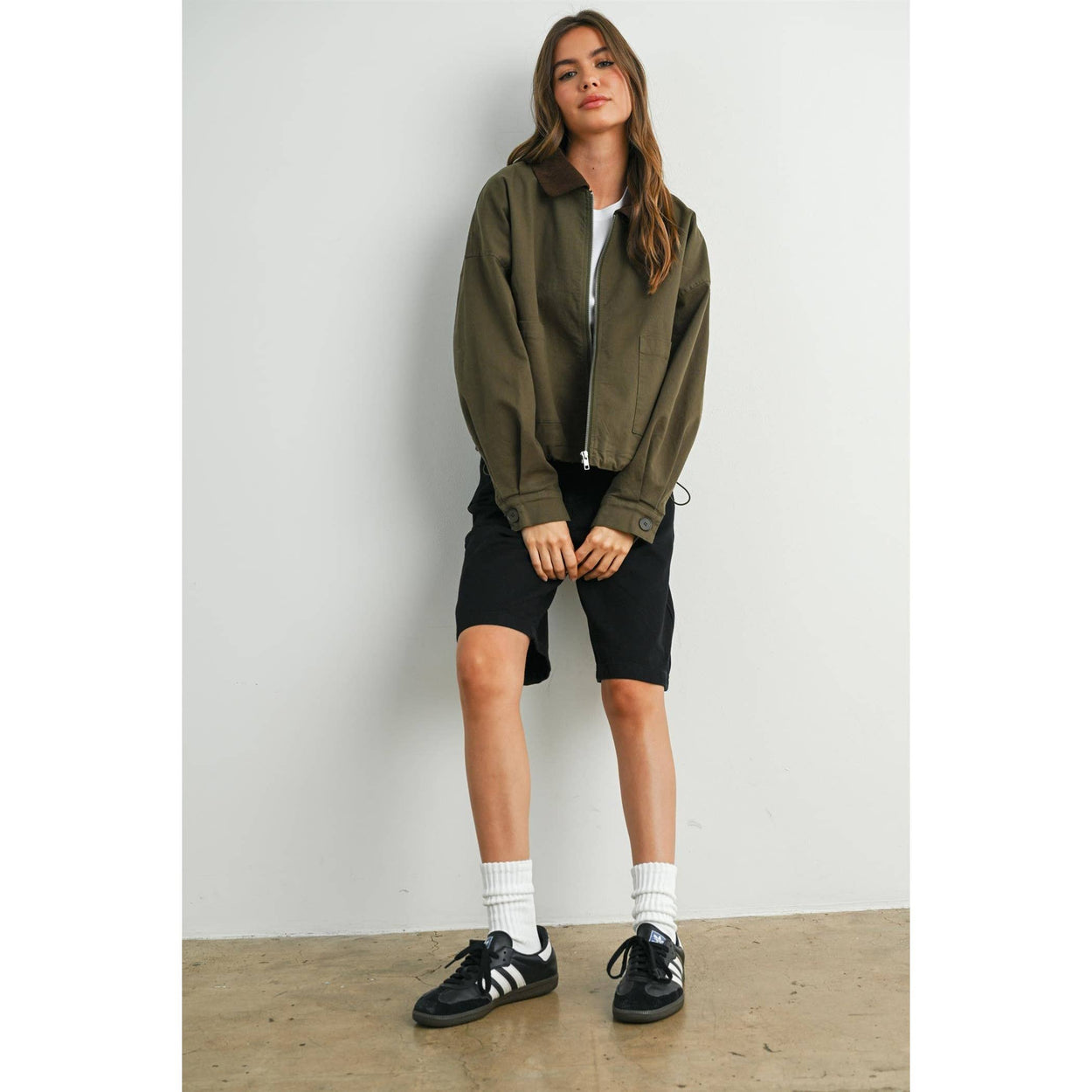 Olive Collared Zip-Up Drawstring Jacket