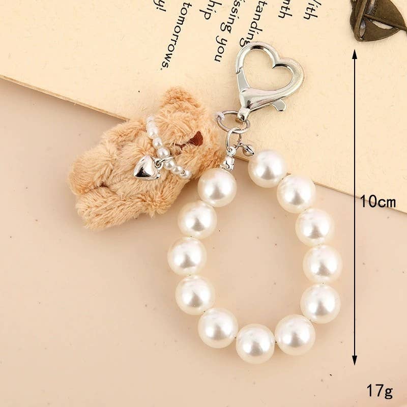 Tan Bear Pearl Bag Charm Keychain