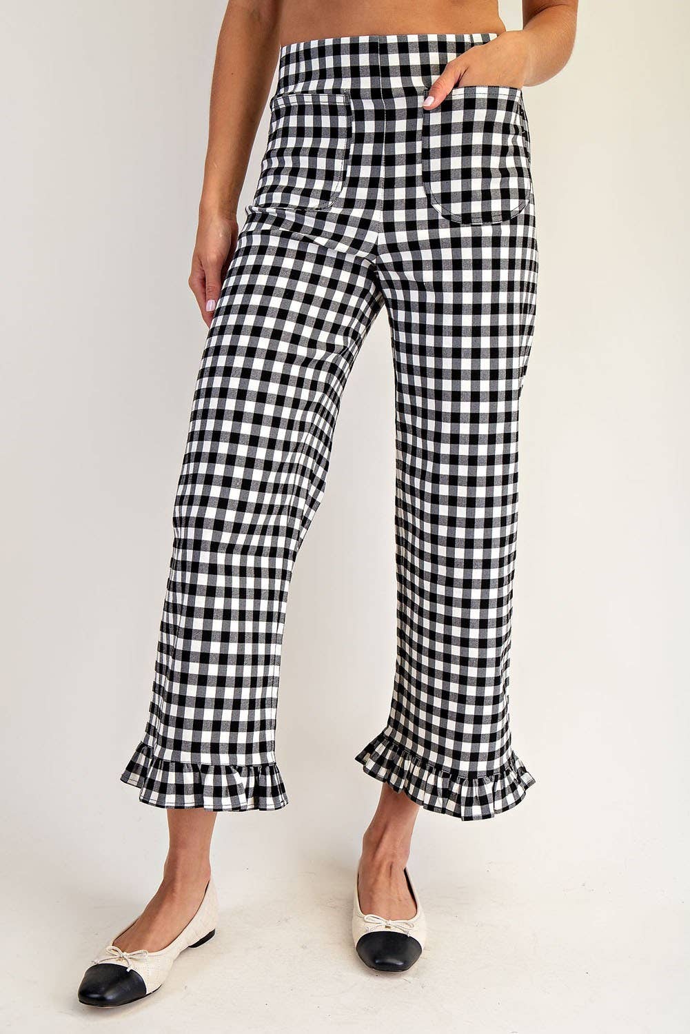 Black Gingham Ruffle Trim Straight Leg Pants