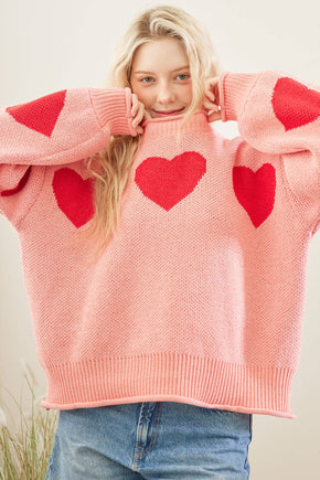 Pink Heart Patched Loose Fit Sweater