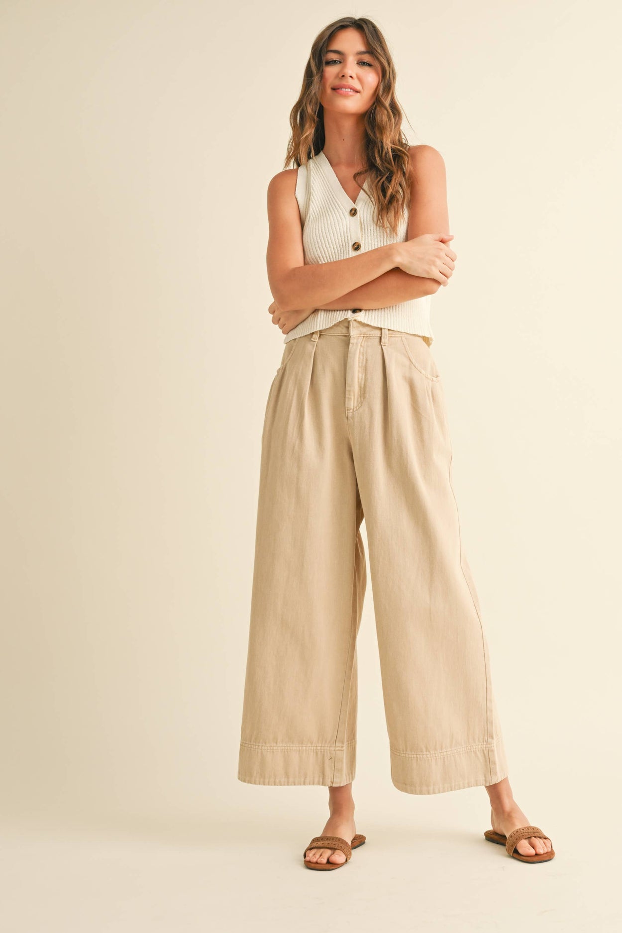Beige Loose Fit Pleated Cotton Pants