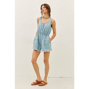 Denim Romper With Distressed Detailing