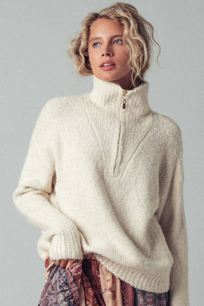 Ivory Textured Quarter-Zip Fold Collar Sweater