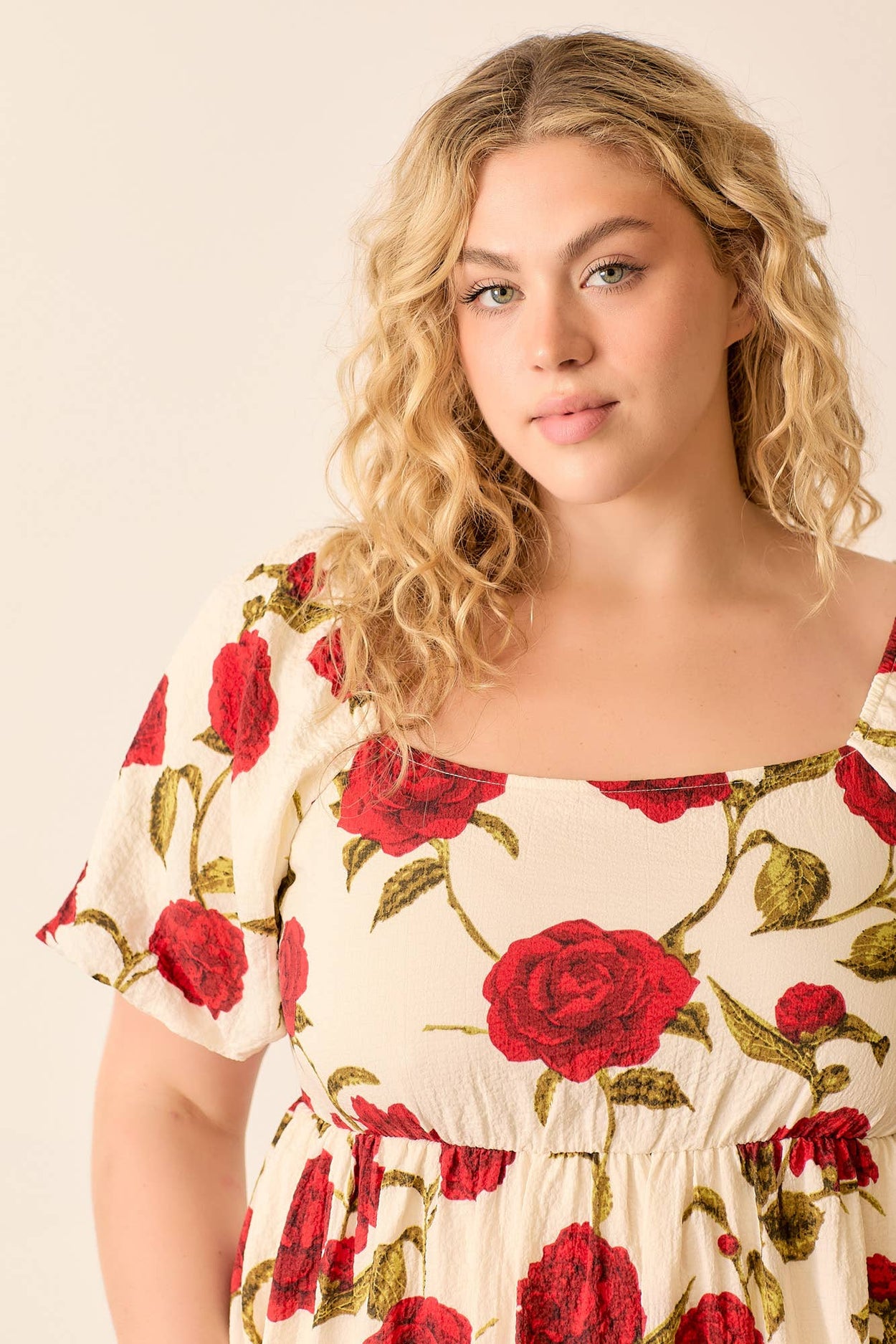 Plus Cream & Red Rose Printed Dress