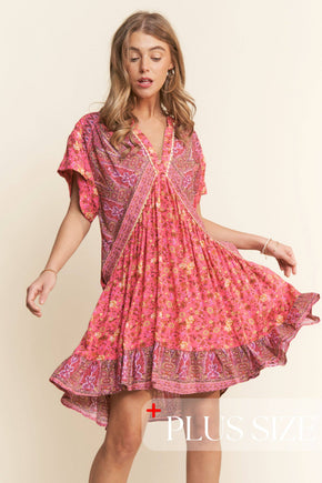 Floral Multi Print Tiered Tunic V Neck Dress