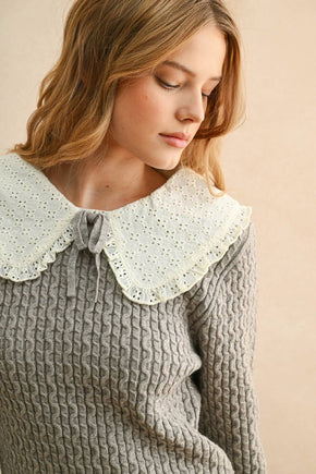 Grey Cable Knit With Crochet Collar