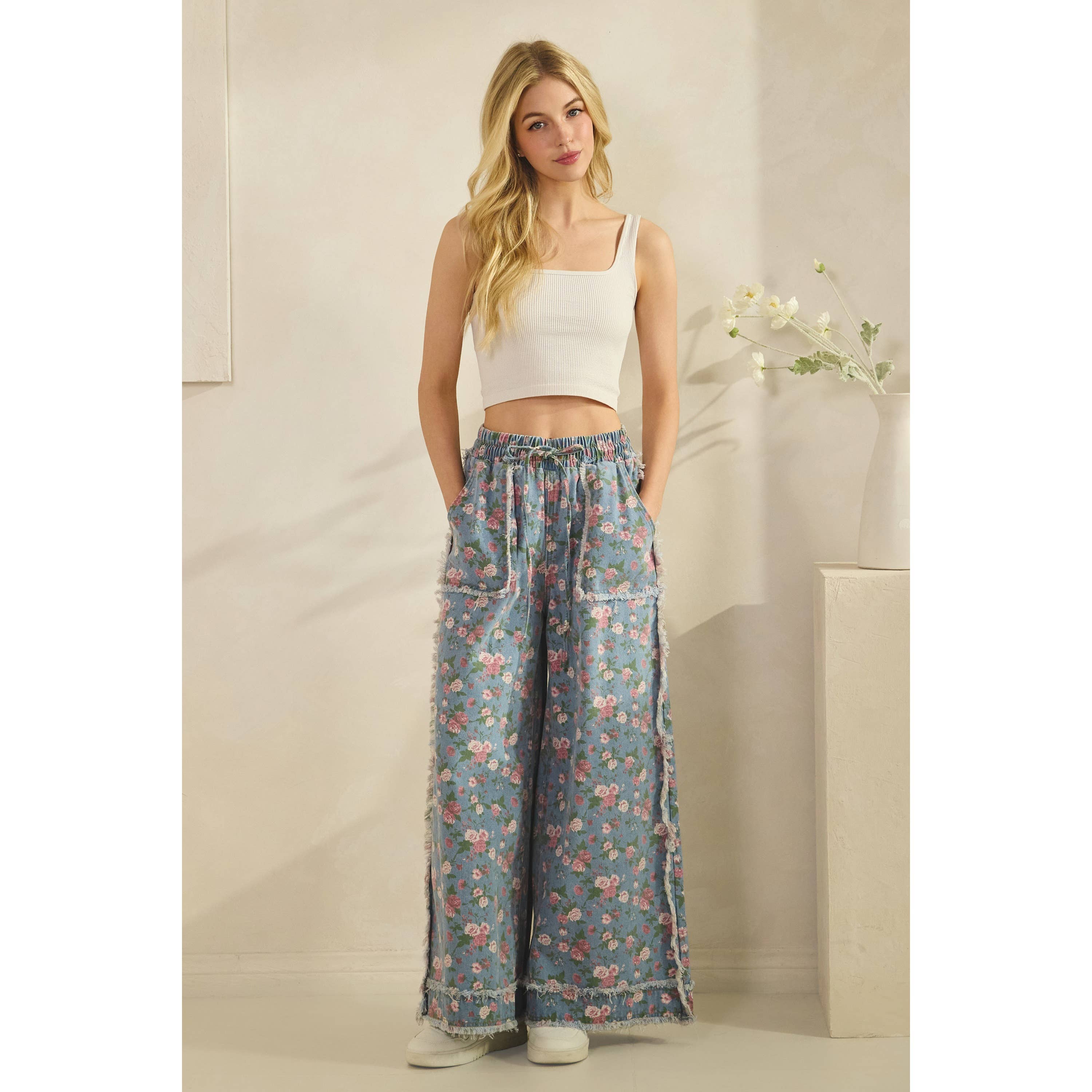 Light Denim Boho Floral Garden Denim Pants