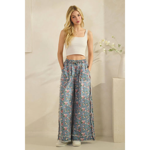 Light Denim Boho Floral Garden Denim Pants