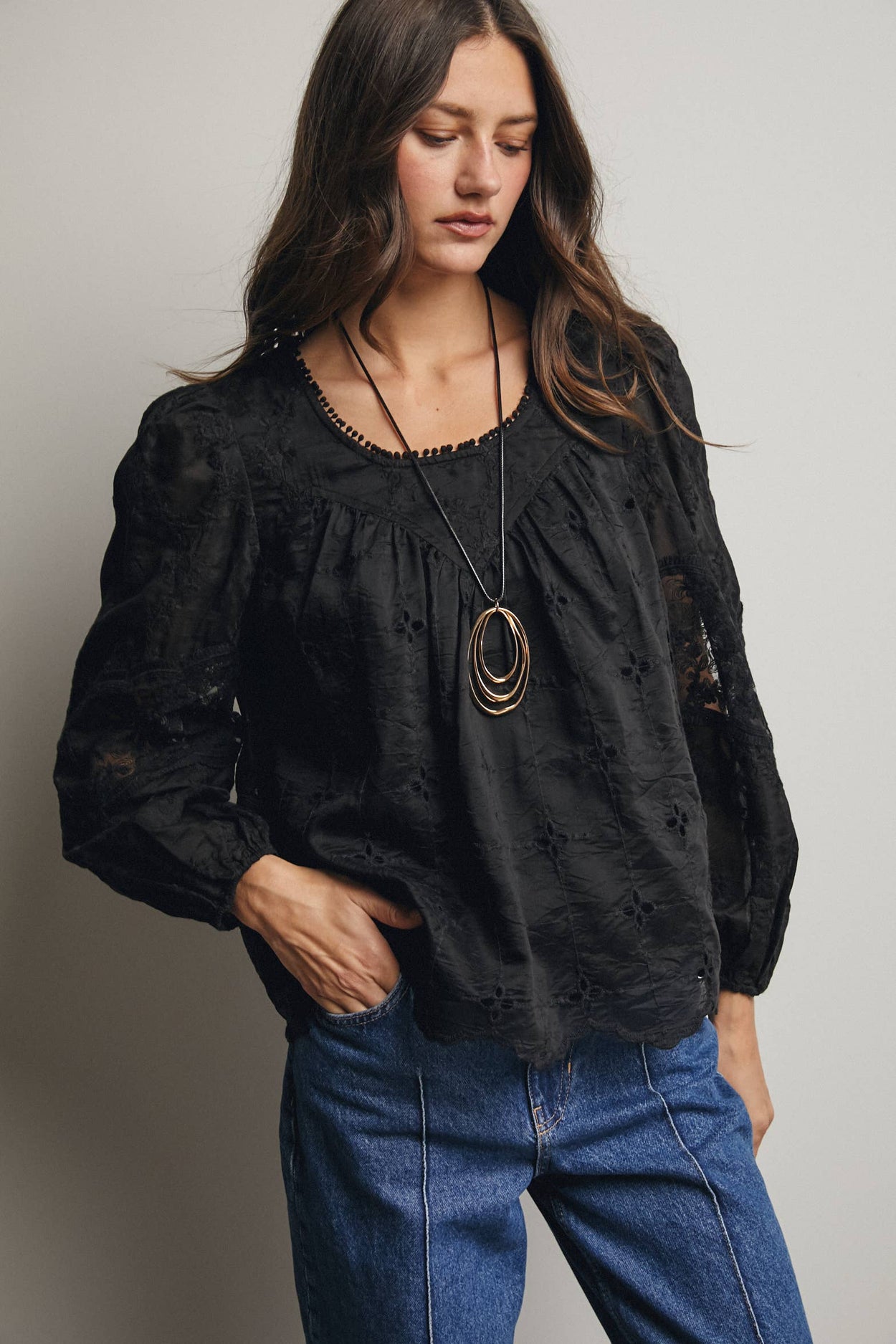 Black Embroidered Lace Puff Sleeve Blouse