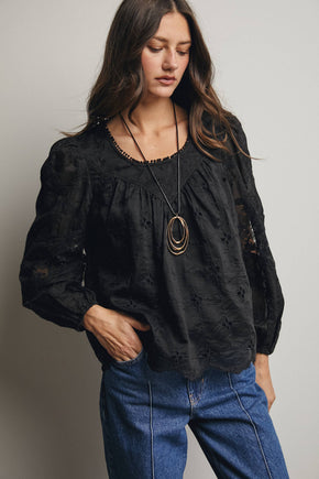 Black Embroidered Lace Puff Sleeve Blouse