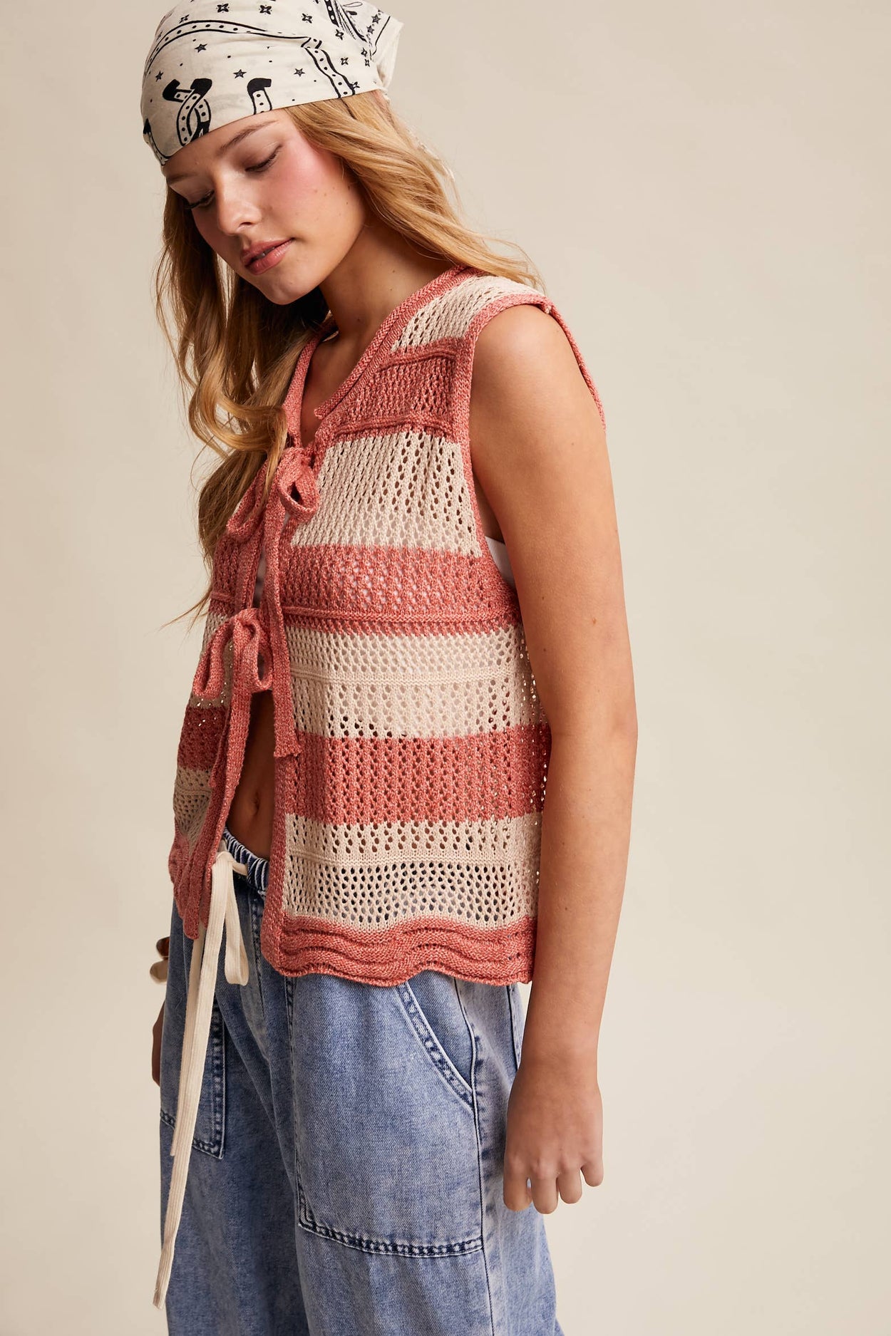 Coral Red Striped Crochet Tie-Front Knit Vest