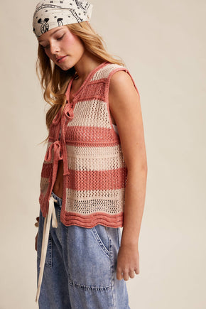 Coral Red Striped Crochet Tie-Front Knit Vest