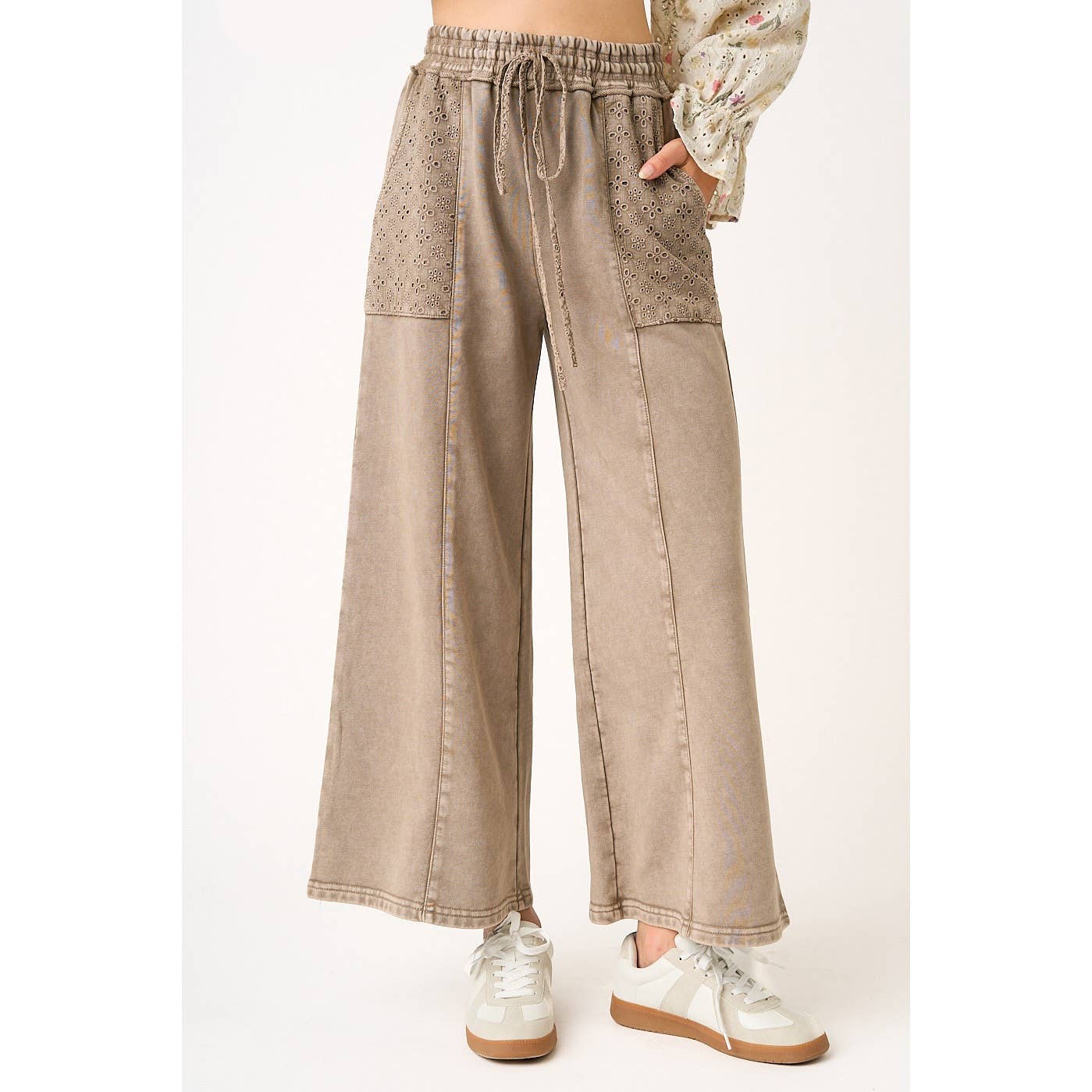 Mocha Eyelet Lace Pocket Wide Leg Pants