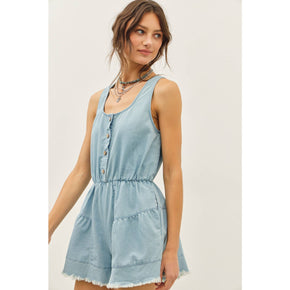 Denim Romper With Distressed Detailing