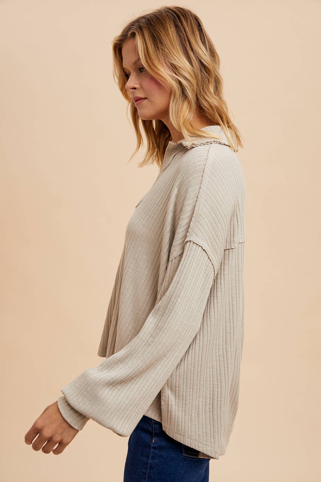 Almond Quarter Split Ribbed Polo Top