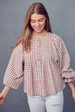 Orchid Henley Baby Doll Gingham Top
