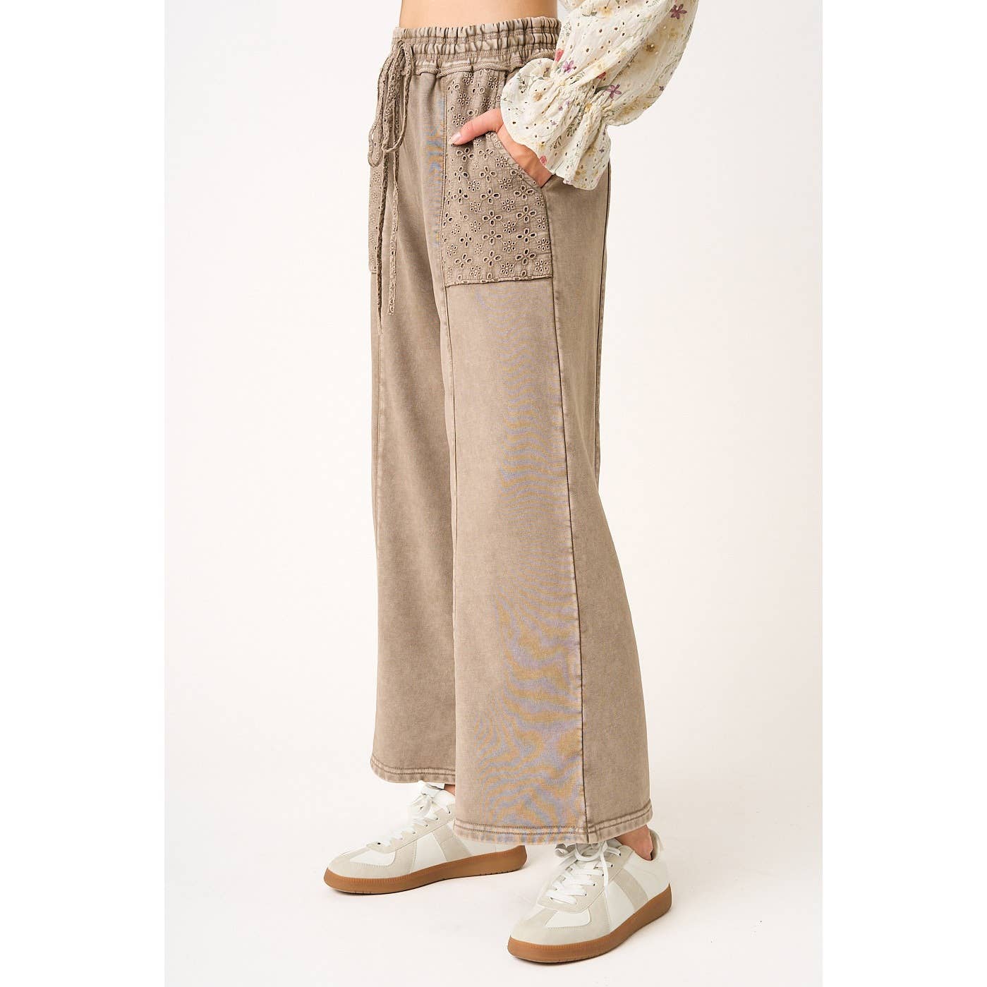 Mocha Eyelet Lace Pocket Wide Leg Pants