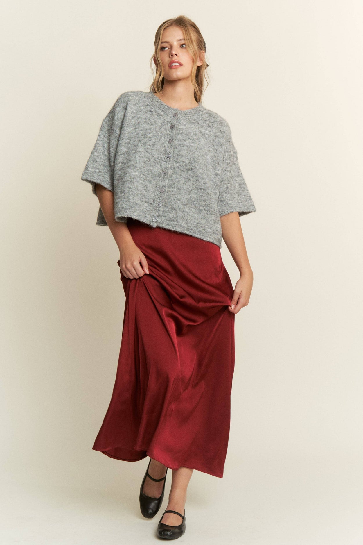 Grey Quarter-Sleeve Knit Cardigan