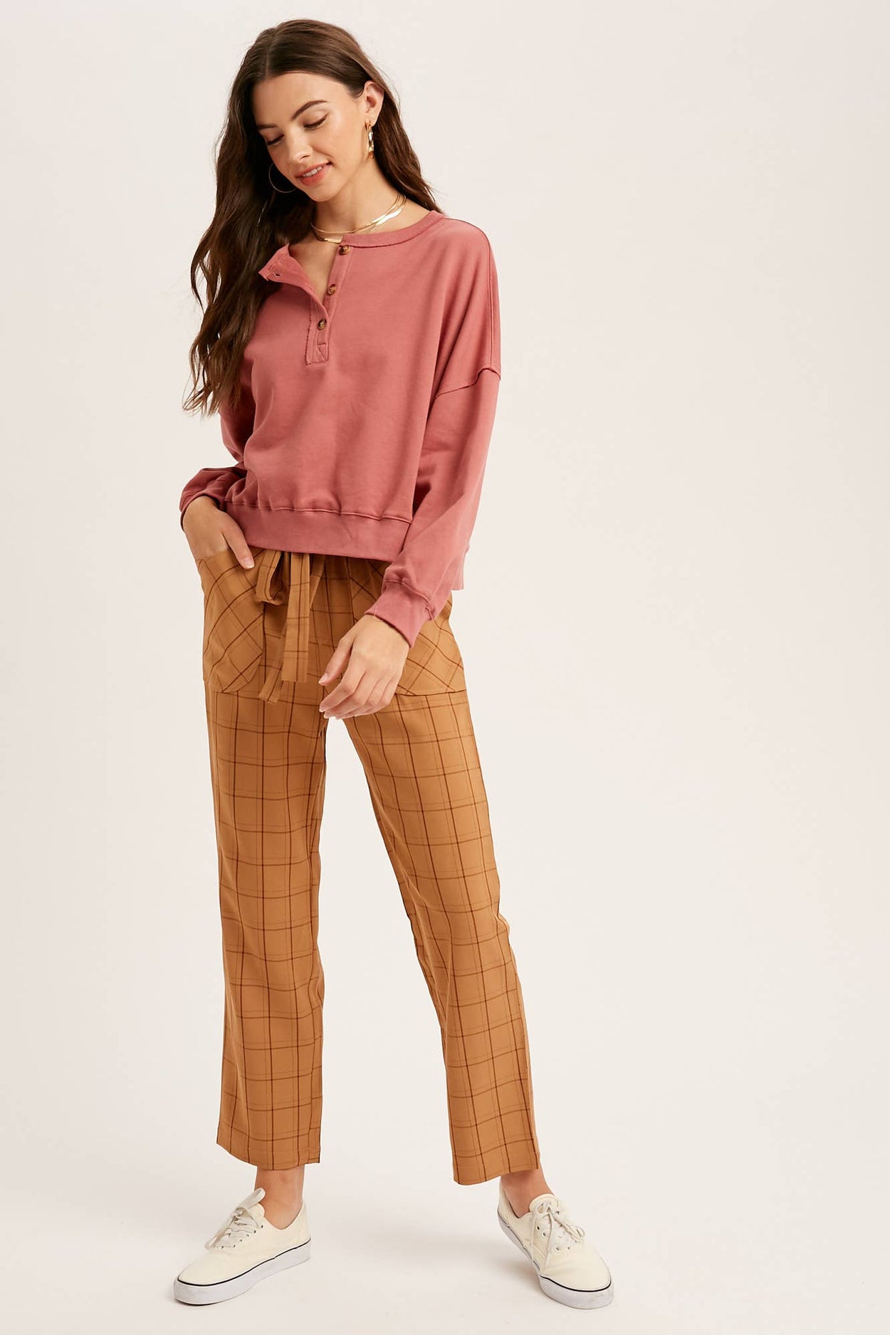 Deep Rose Henley Button Soft Knit Top