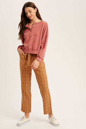 Deep Rose Henley Button Soft Knit Top