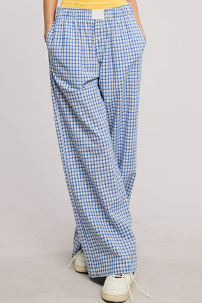 Blue Mid-Low Rise Elastic Waistband Gingham Pants