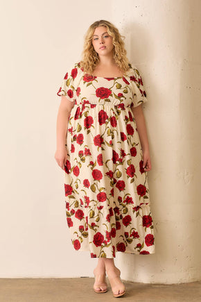Plus Cream & Red Rose Printed Dress