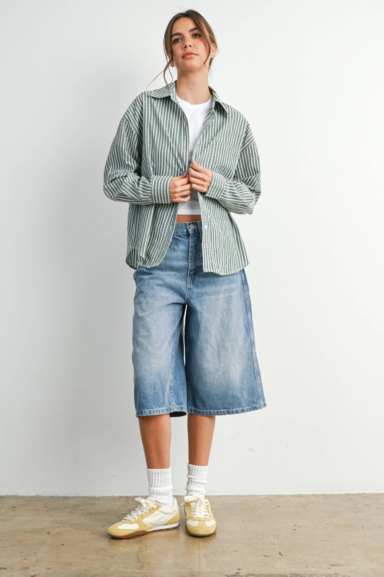 Green Striped Button-Up Top