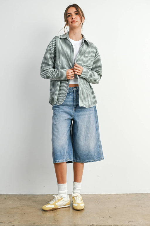 Green Striped Button-Up Top