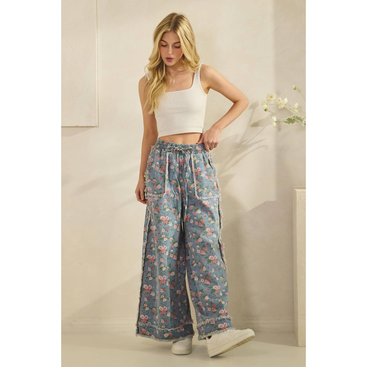 Light Denim Boho Floral Garden Denim Pants