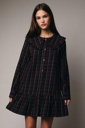 Black Burgundy Plaid Long Sleeve Shirt Mini Dress