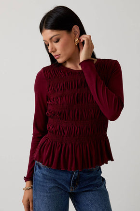 Burgundy Round Neck Long Sleeve Smocked Top