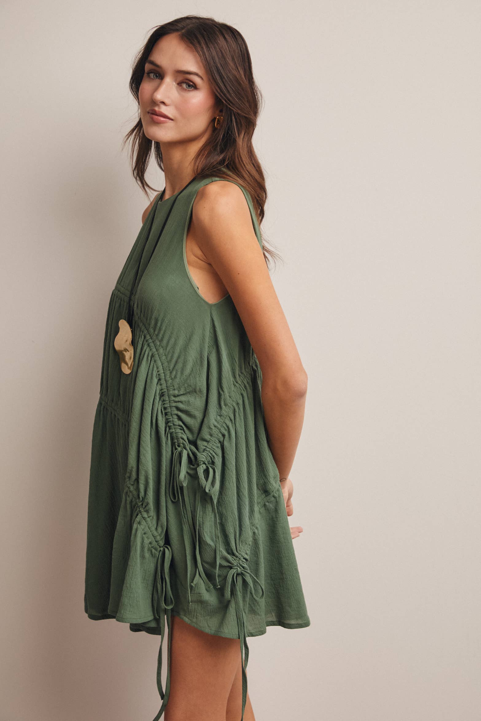 Eucalyptus Ruched Tie Detail Lined Mini Dress