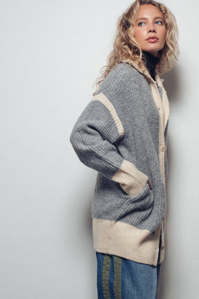 Grey Contrast Trim Collared Sweater Cardigan