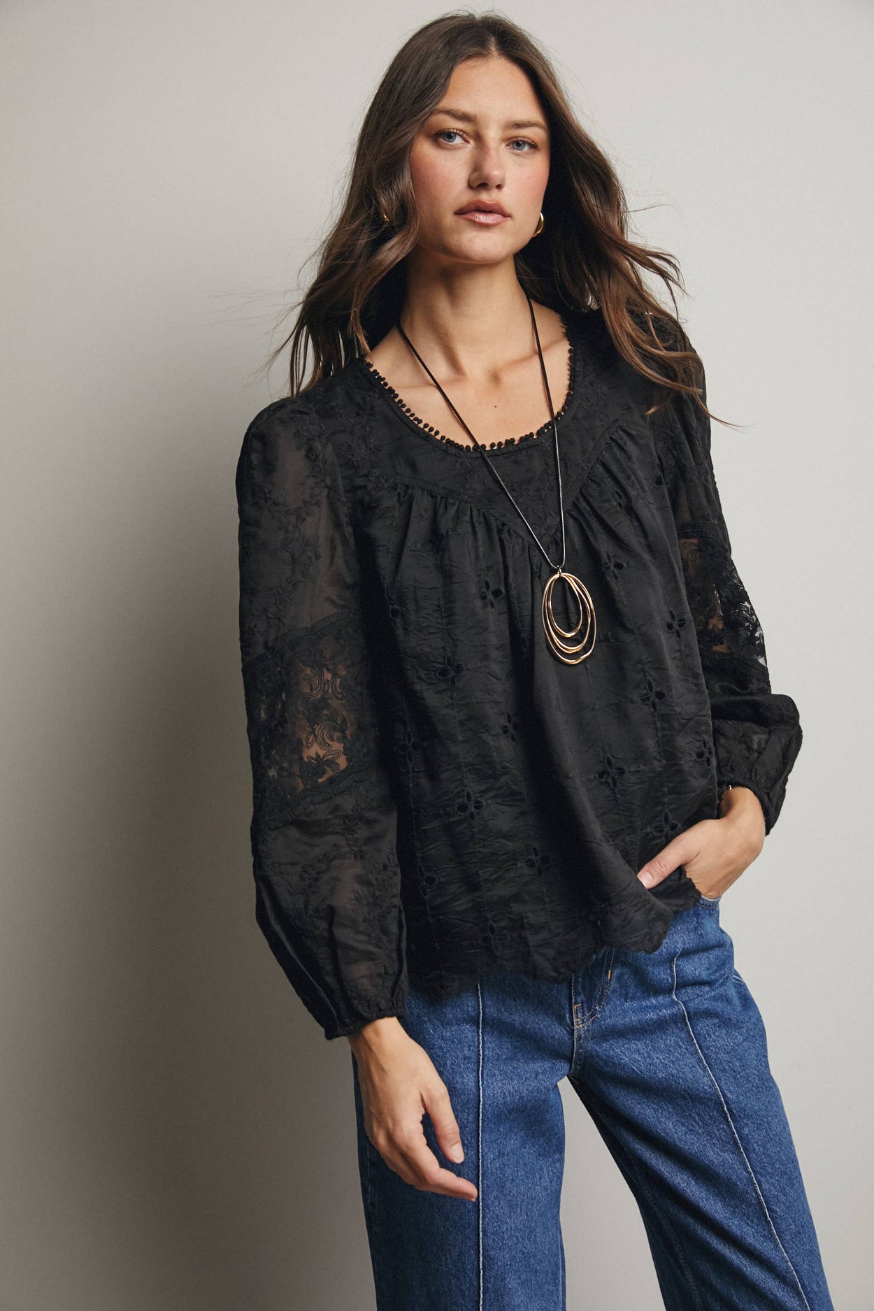 Black Embroidered Lace Puff Sleeve Blouse