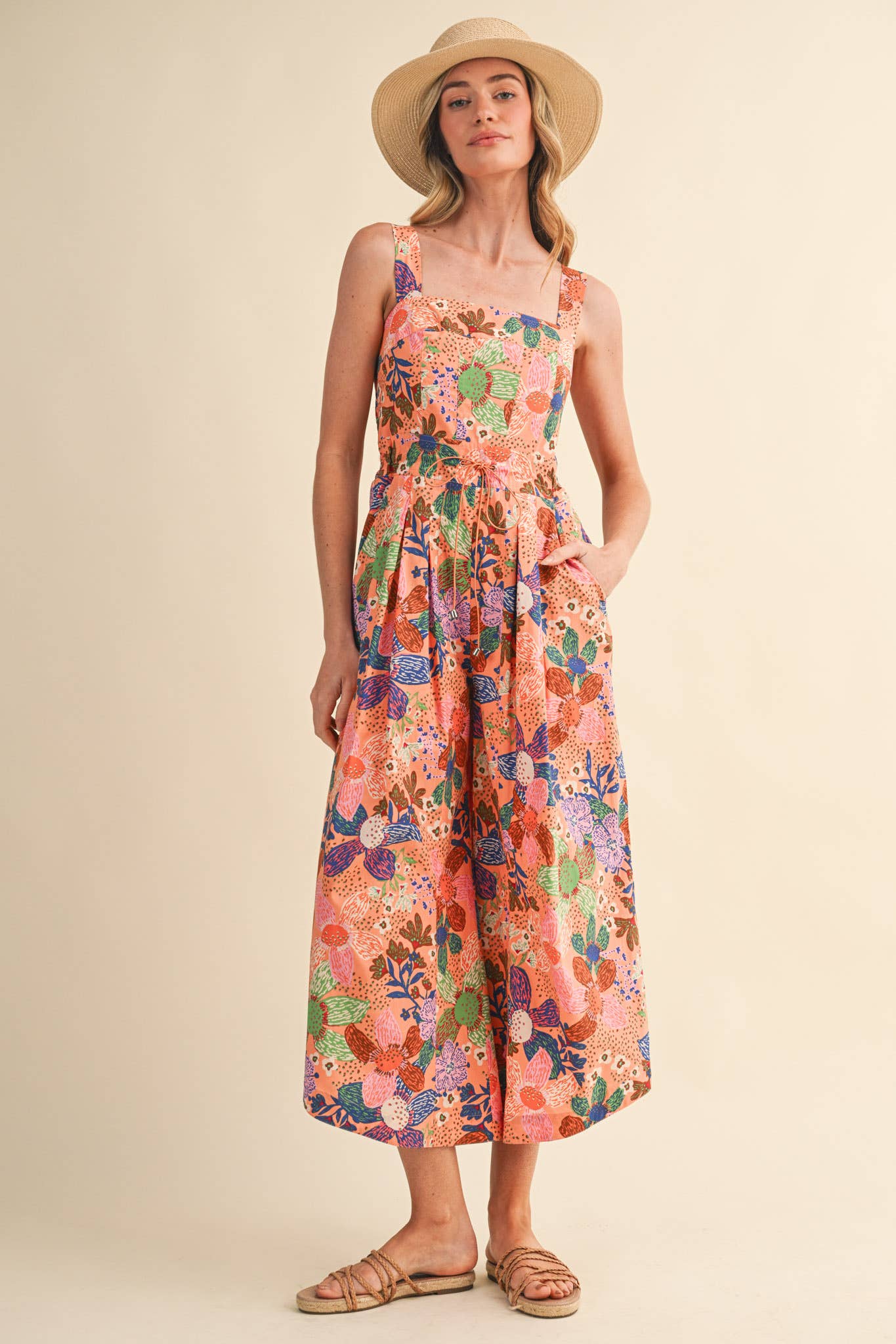 Coral Floral Pleated Wide Leg Jumpsuit