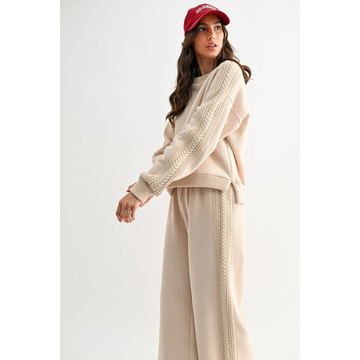 Beige Cable Knit Trim Bottoms