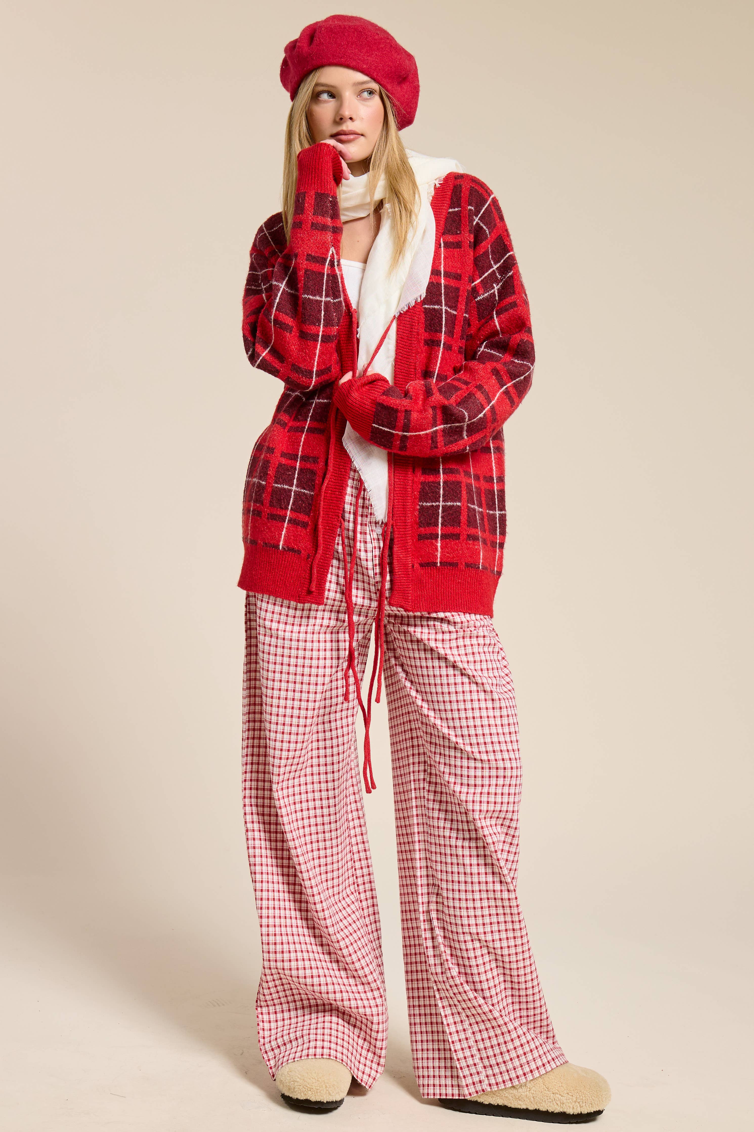 Red Plaid Tie-Front Cardigan Sweater