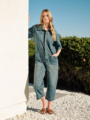 Light Wash Denim Collared Jumpsuit