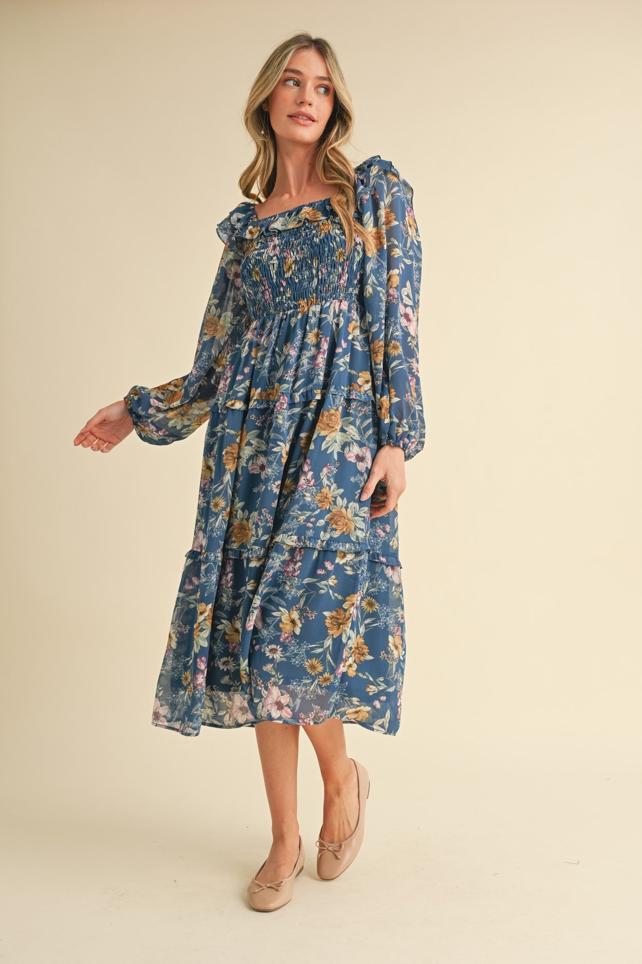 Midnight Blue Floral Smocked Tiered Ruffle Midi Dress